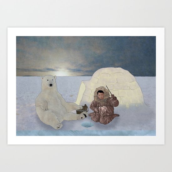 Inuit and Polar bear; Fishing. Art Print