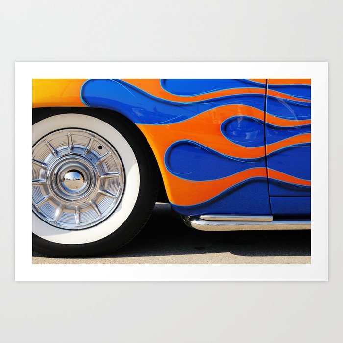 Chrome hubcaps, orange flames Art Print