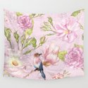 Floral painterly background in pink with Roses Flowers and Birds Wandbehang