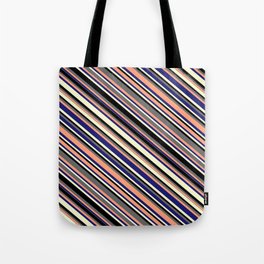 [ Thumbnail: Colorful Dim Grey, Light Salmon, Midnight Blue, Light Yellow & Black Colored Lines Pattern Tote Bag ]