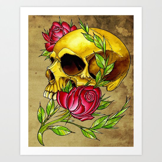 trad skull w rose Art Print