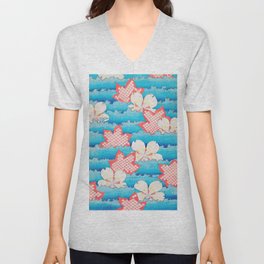 Blossom on Blue Vintage Japanese Floral Print V Neck T Shirt