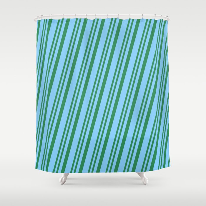 Sea Green & Light Sky Blue Colored Lined/Striped Pattern Shower Curtain