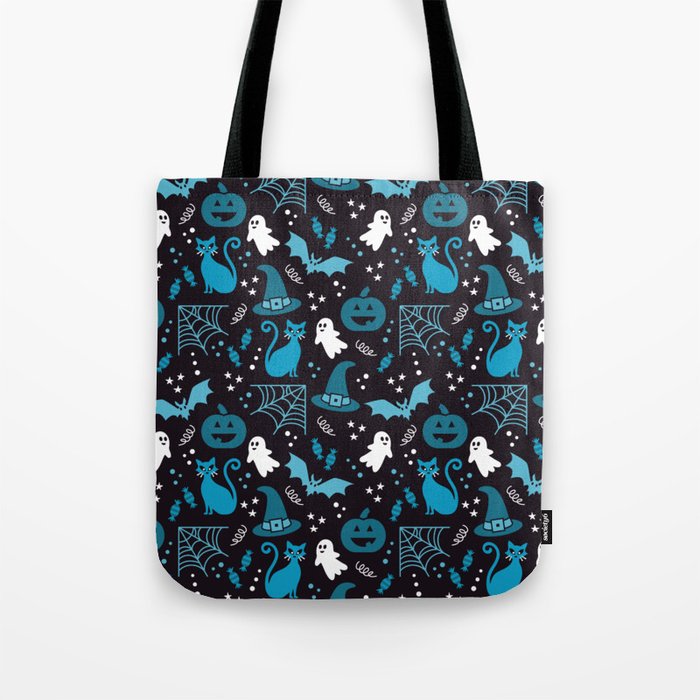 Halloween party illustrations blue, black Tote Bag