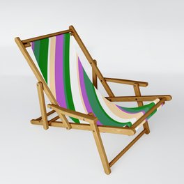 [ Thumbnail: Tan, Orchid, Sea Green, Green & White Colored Stripes/Lines Pattern Sling Chair ]