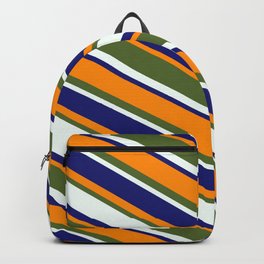 [ Thumbnail: Midnight Blue, Dark Orange, Dark Olive Green, and Mint Cream Colored Pattern of Stripes Backpack ]