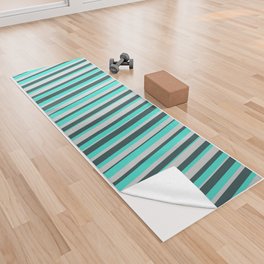 [ Thumbnail: Turquoise, Dark Slate Gray, and Light Gray Colored Pattern of Stripes Yoga Towel ]