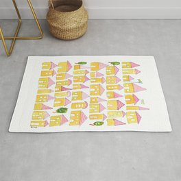 Yellow Houses & Pink Roofs Rug | Graphic, Drawing, Ink, Illustration, Pink, Roof, Yellow, Watercolor, Painting, Neighborhood 