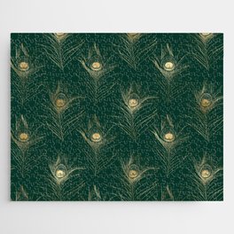 Gold Green Peacock Feather Pattern Jigsaw Puzzle