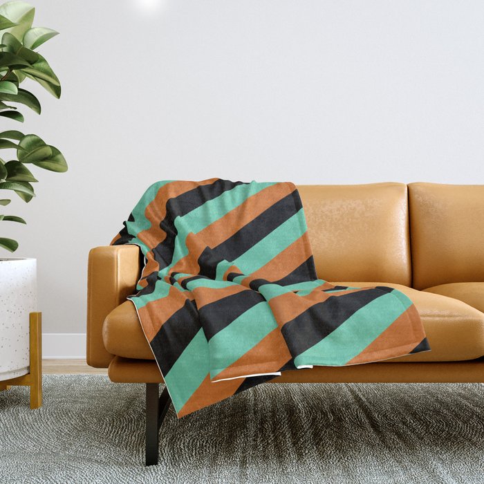 Black, Aquamarine, and Chocolate Colored Pattern of Stripes Throw Blanket