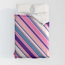 [ Thumbnail: Colorful Hot Pink, Light Pink, Blue, Indigo & White Colored Stripes Pattern Comforter ]