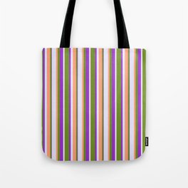 [ Thumbnail: Green, Light Salmon, Lavender & Dark Orchid Colored Stripes Pattern Tote Bag ]
