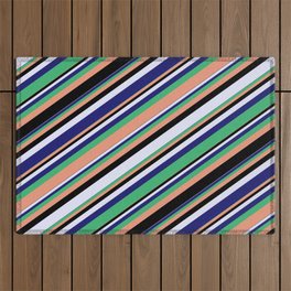 [ Thumbnail: Eyecatching Sea Green, Dark Salmon, Black, Lavender & Midnight Blue Colored Lines/Stripes Pattern Outdoor Rug ]