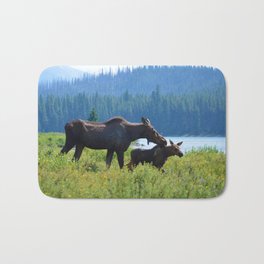 Mother moose & calf at Maligne Lake in Jasper National Park Bath Mat