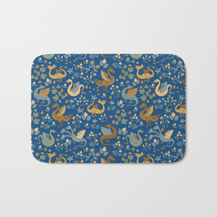 Dragons and Flowers on Classic Blue Bath Mat