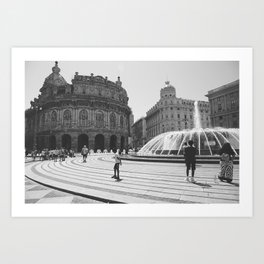 Genoa Square and Fountain - Black and White Photo of Italian City Art Print