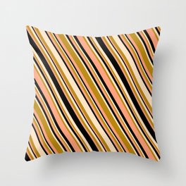 [ Thumbnail: Bisque, Dark Goldenrod, Light Salmon & Black Colored Stripes/Lines Pattern Throw Pillow ]