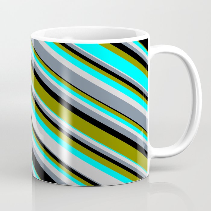 Colorful Black, Green, Aqua, Light Gray, and Slate Gray Colored Stripes/Lines Pattern Coffee Mug