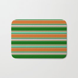 [ Thumbnail: Chocolate, Aquamarine, Dark Green, and Grey Colored Lines Pattern Bath Mat ]