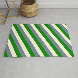 [ Thumbnail: Light Yellow, Slate Gray, and Green Colored Lined Pattern Rug ]