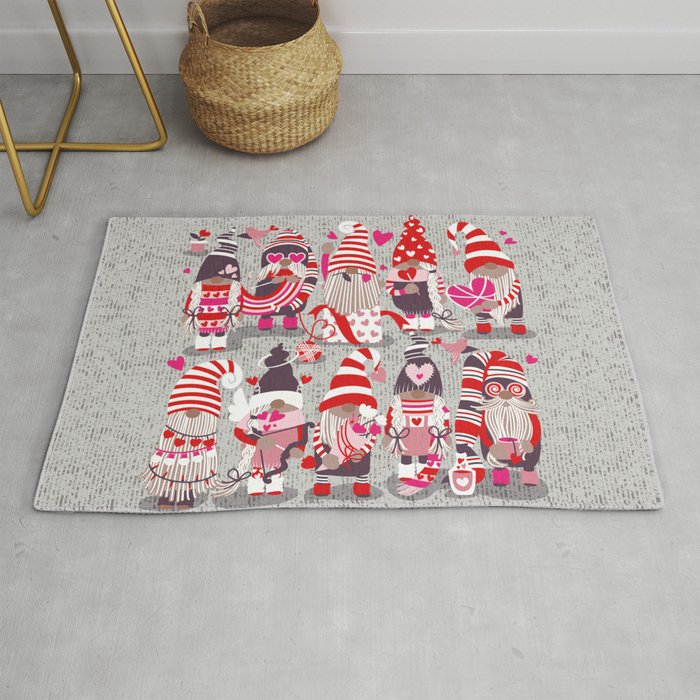 I gnome you more // grey background red and pink Valentine's Day gnomes and motifs Rug