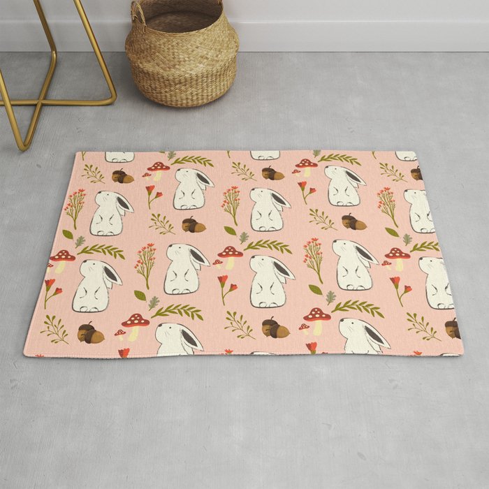 cottagecore bunny on soft pink Rug by quinnhopp Society6