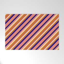 [ Thumbnail: Blue, Light Coral, Tan & Chocolate Colored Lined/Striped Pattern Welcome Mat ]