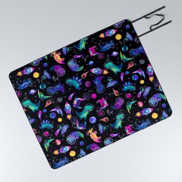 Dinosaur Astronauts In Space Pink Watercolor Pattern Picnic Blanket