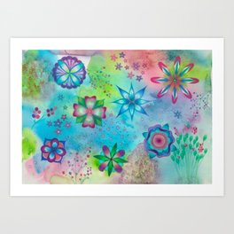 Whimsical colourful wild flowers art painting Art Print