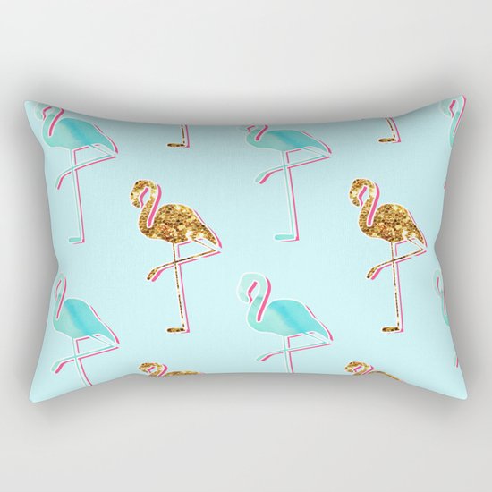 Golden Blue Flamingo Pattern Rectangular Pillow