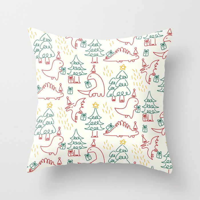 Cute Cartoon Christmas Santa Claus Dinos Sending Gifts (Beige) Throw Pillow