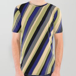 [ Thumbnail: Vibrant Dim Grey, Tan, Dark Khaki, Black, and Midnight Blue Colored Lines Pattern All Over Graphic Tee ]
