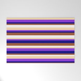 [ Thumbnail: Eyecatching Tan, Purple, Blue, Sienna & White Colored Lines/Stripes Pattern Welcome Mat ]