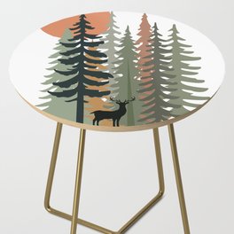 landscape. stones and green Christmas forest trees, deer, and sunrise. Side Table