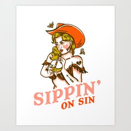 Sippin' On Sin Retro Cowgirl Art Print