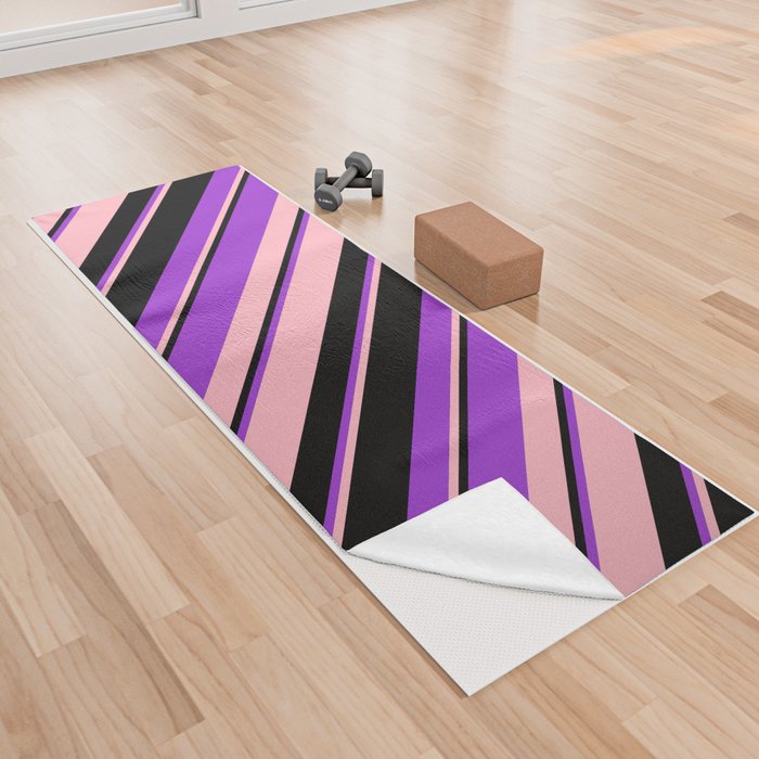 Light Pink, Dark Orchid, and Black Colored Lines/Stripes Pattern Yoga Towel