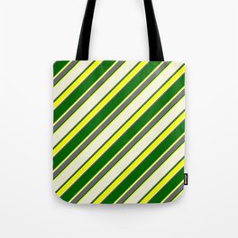 [ Thumbnail: Beige, Dim Gray, Dark Green & Yellow Colored Lined Pattern Tote Bag ]