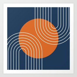 Mid Century Modern Geometric 161 Sun Rainbow abstract in Navy Blue Orange Art Print