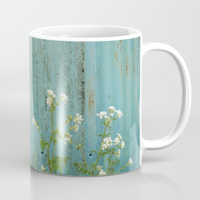 natural wild flowers floral outdoors blue metal fence texture Coffee Mug