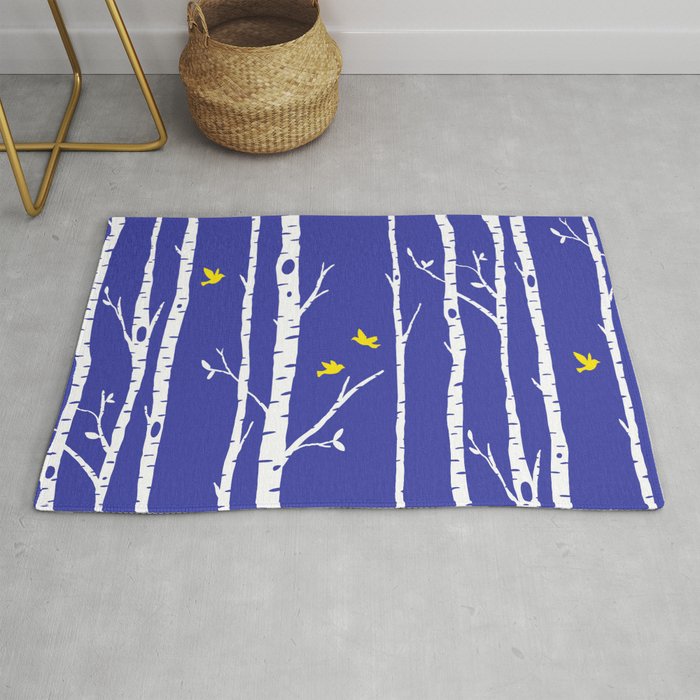 Birch trees with yellow birds Rug