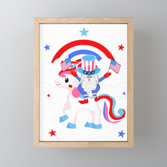 4th of july unicorn gnome rianbow Framed Mini Art Print
