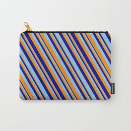 [ Thumbnail: Dark Orange, Dark Blue & Light Sky Blue Colored Lines/Stripes Pattern Carry-All Pouch ]