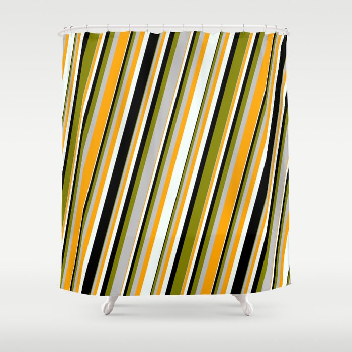 Vibrant Green, Grey, Orange, Mint Cream, and Black Colored Lined/Striped Pattern Shower Curtain
