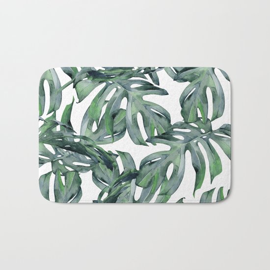Tropical Palm Leaves Green and White Bath Mat