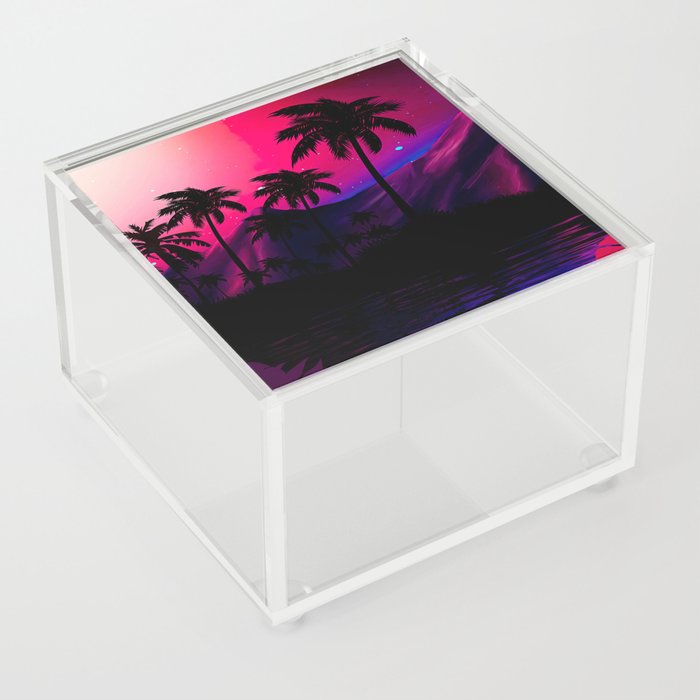 Neon landscape: Pink purple tropical beach [synthwave/vaporwave/cyberpunk] — aesthetic poster Acrylic Box