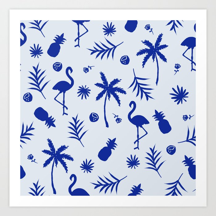Palms, flamencos and pineapples pattern Art Print