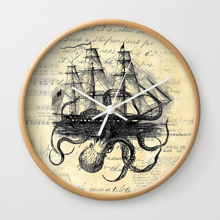 Kraken Octopus Attacking Ship Multi Collage Background Wall Clock