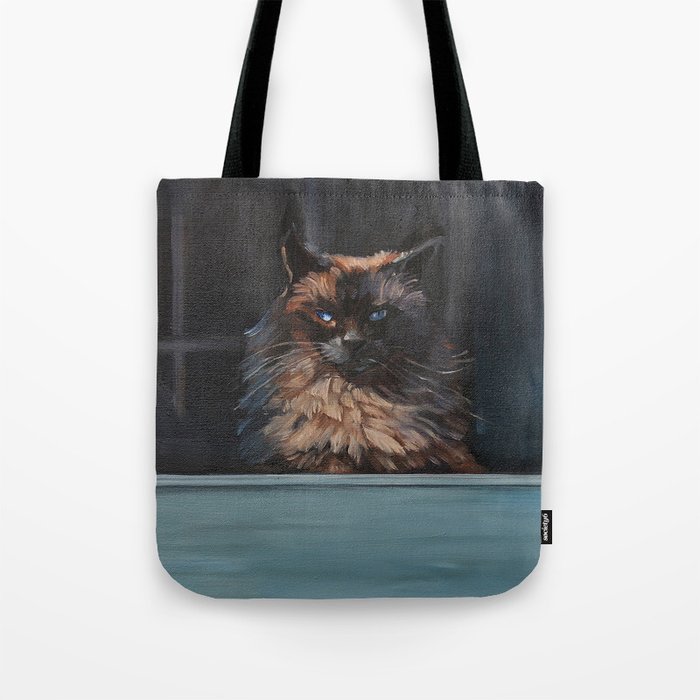 Ragdoll Cat Blue Eyes Inside Screen Door With Gingerbread Tote