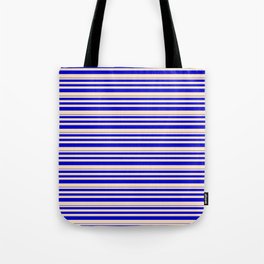 [ Thumbnail: Blue & Bisque Colored Stripes/Lines Pattern Tote Bag ]