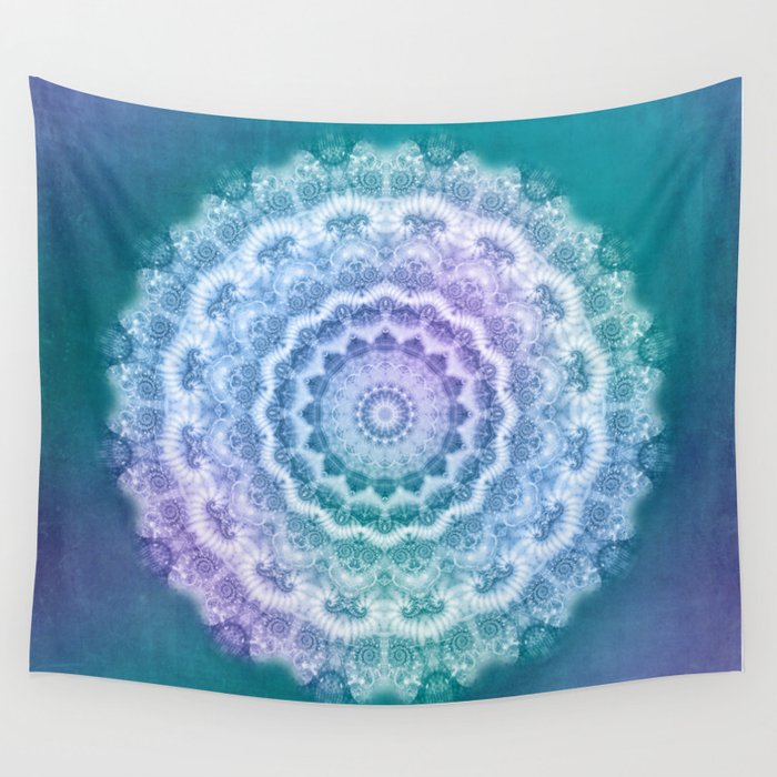 White Mandala On Teal Purple And Navy Wall Tapestry By
